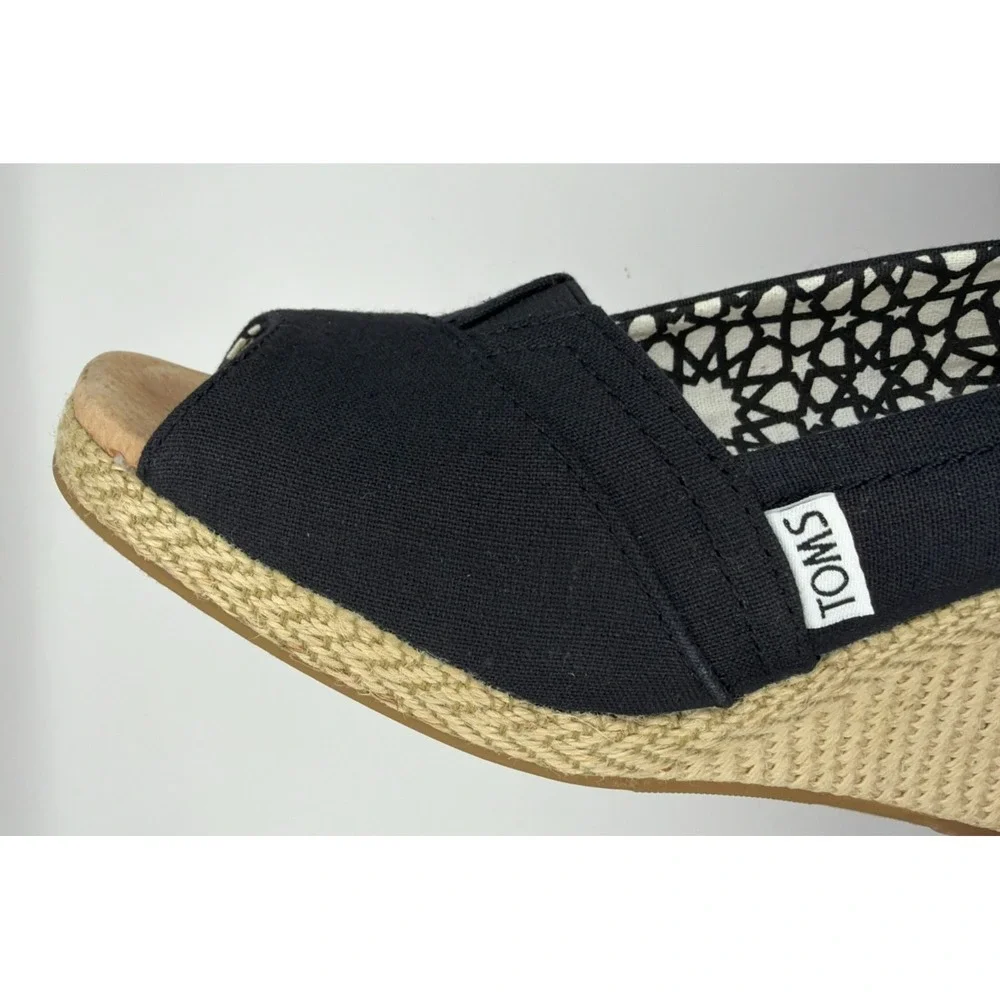 TOMS Womens 7.5 Black Canvas Peep Toe Espadrille Wedge Heels Slip On Shoes